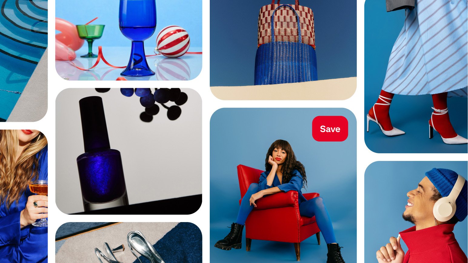 A Pinterest board featuring fashion and lifestyle Pins: a woman in blue seated on a red chair, navy nail polish, coloured glassware, high heels, a man in a red jumper with headphones, and various fashion and lifestyle imagery in bold blue and red tones.