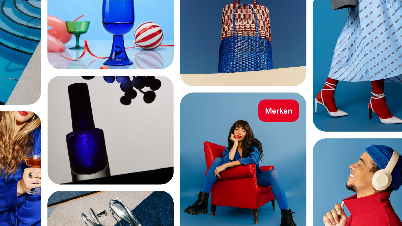 Pinterest-Pinnwand mit Mode- und Lifestyle-Pins: Frau in Blau auf rotem Sessel, marineblauer Nagellack, farbiges Glasgeschirr, High Heels, Mann im roten Pullover mit Kopfhörern sowie Mode- und Lifestyle-Motive in kräftigen Blau- und Rottönen.