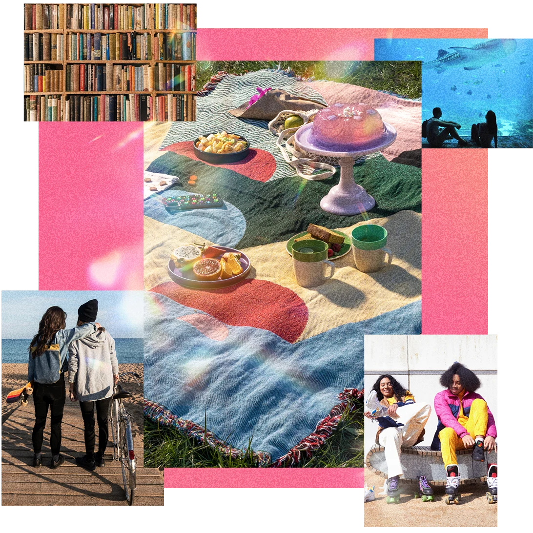 Set of five images featuring books on a shelf, people at an aquarium, a picnic, two women hugging and two people lacing up their shoes.