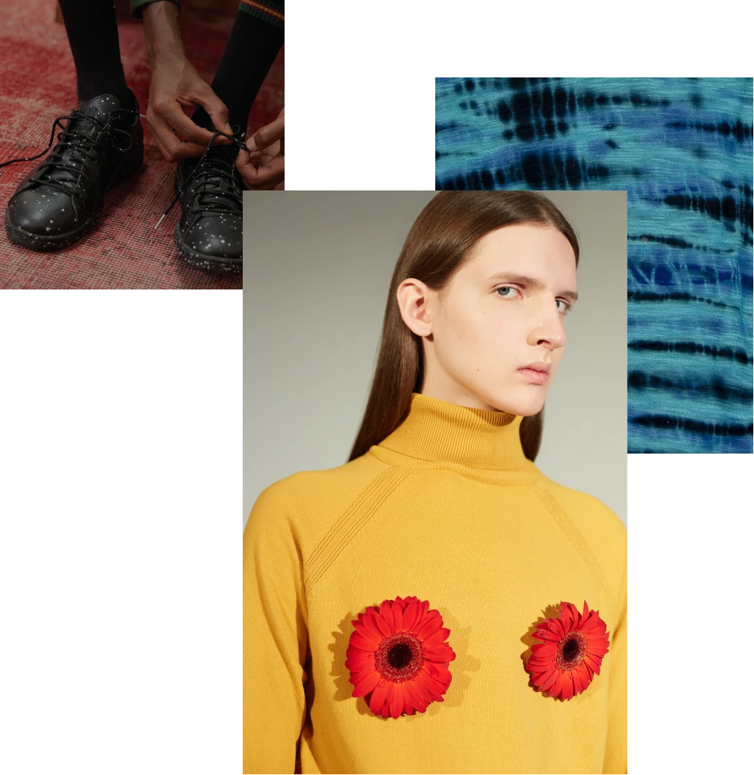 Image cluster featuring: close up shot of hands tying black leather shoes, transgender woman in yellow sweater with two red flowers pinned to her chest and closeup shot of tie-dyed blue fabric. 