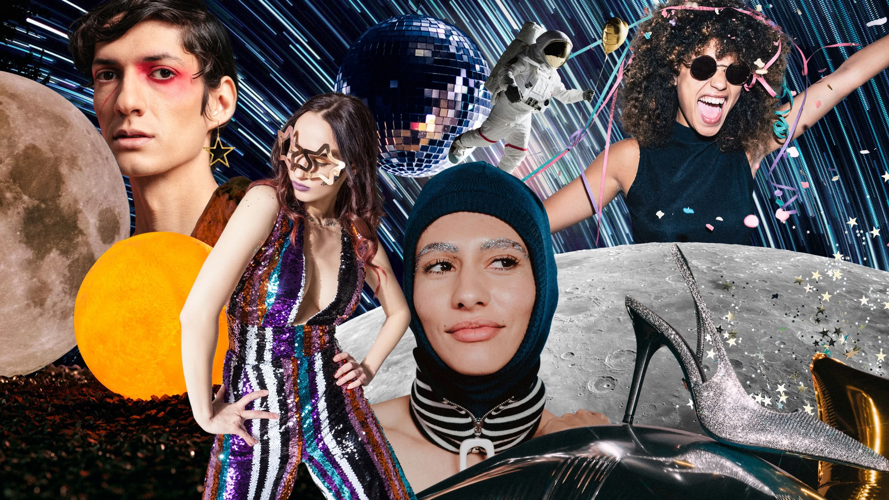 Pink and yellow moons at left. White man in red eye makeup. White woman with star glasses in striped jumpsuit. Arab woman in black balaclava at center, Black woman at right in black shades and top. Large moon and silver stiletto. Disco ball and astronaut.