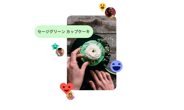 Pin of White hands arranging a cupcake on a plate surrounded by various emoji-like symbols, tagged “Sage green cupcakes”.