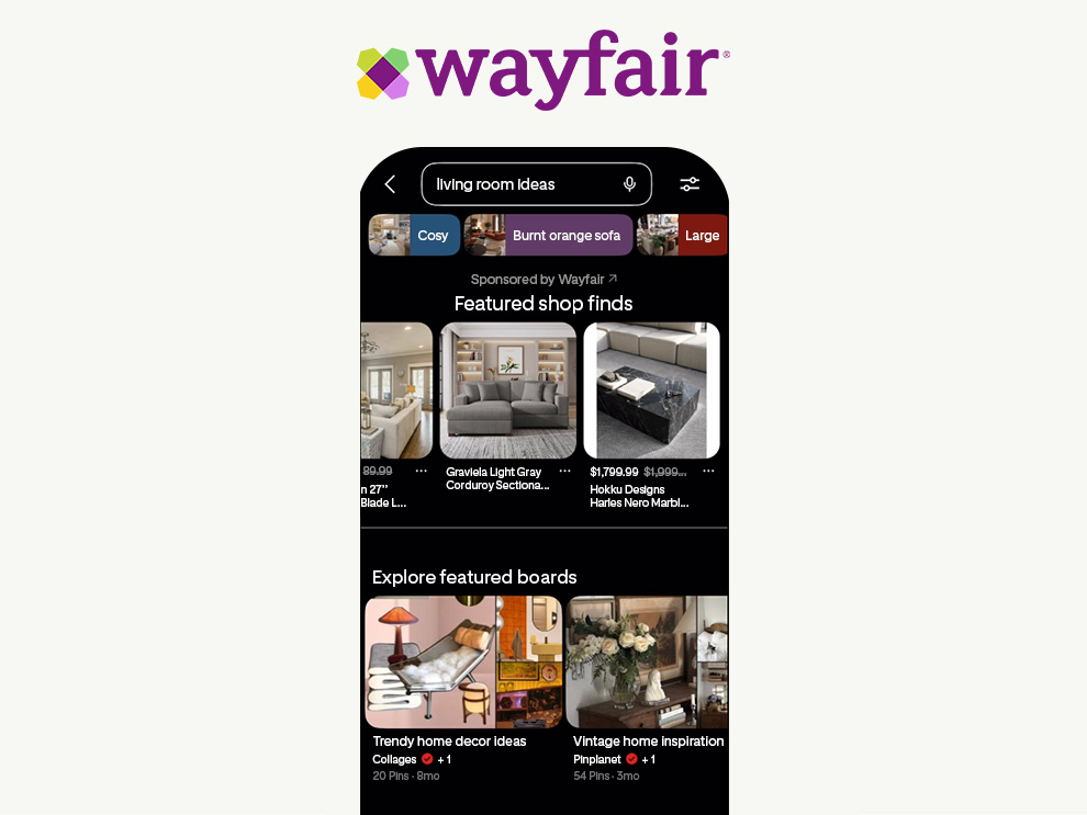 "living room ideas" の検索結果で、トップ検索アドとして wayfair の商品が表示されたスマートフォン画面。