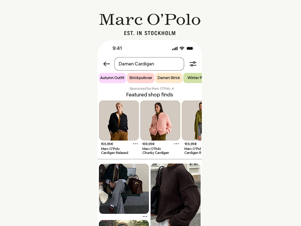 Smartphone-Bildschirm, auf dem Altra-Laufschuhe in einer Top-of-Search-Anzeige auf Pinterest zu sehen sind, nachdem „Laufschuhe für Frauen“ gesucht wurde.