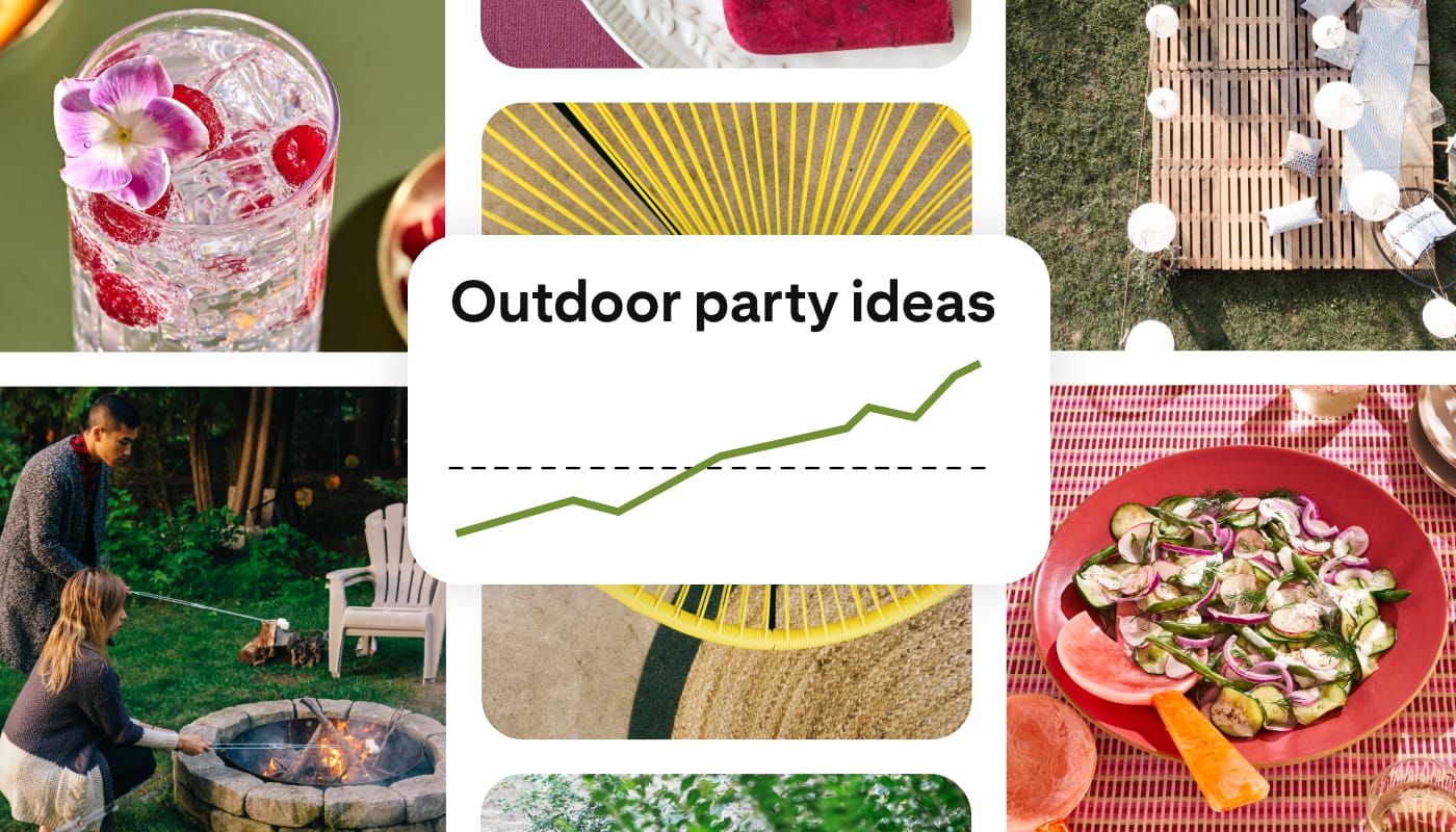 Collage of outdoor party scenes with a graph that shows that “Outdoor party ideas” is trending up