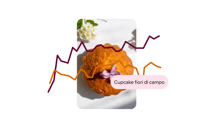 Pin of an orange cupcake with two, overlaid uptrending lines, tagged â€œWildflower cupcakesâ€�.