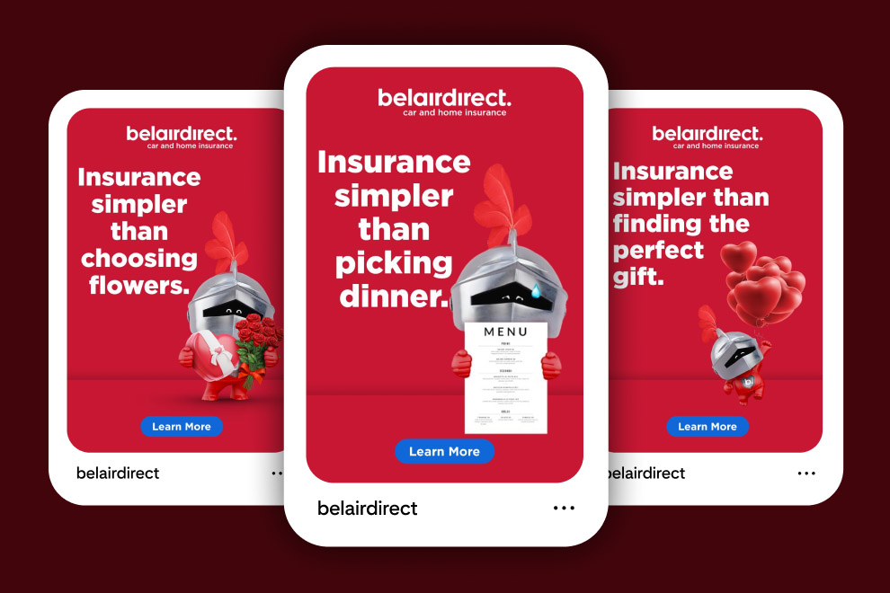 Three Belairdirect ads with copy about how insurance is simpler than choosing flowers, picking dinner, and finding the perfect gift.