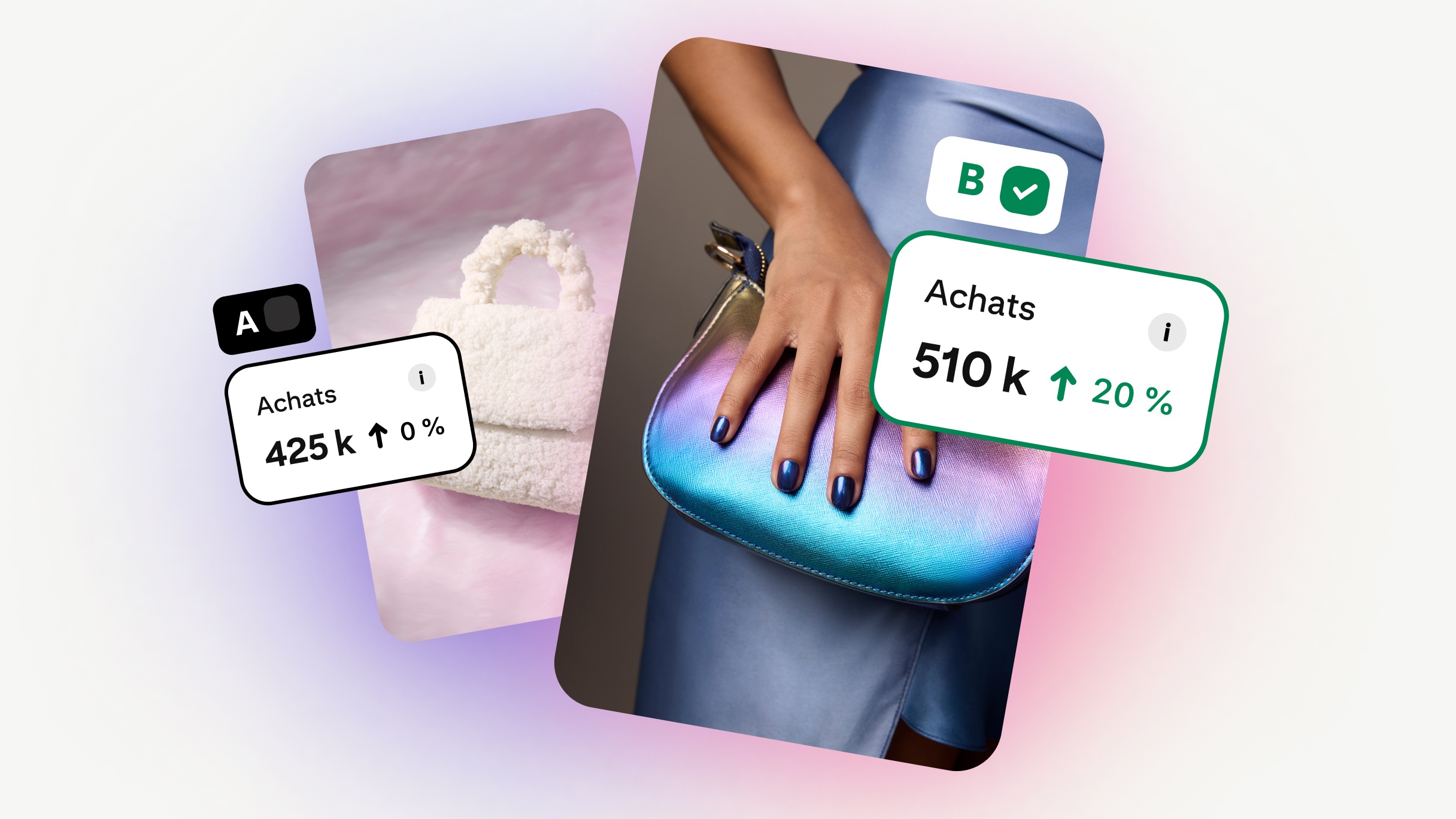 Comparaison en test A/B de deux Épingles Shopping de sacs à main. L’Épingle A montre un sac blanc texturé, avec 425 K ventes et une variation de 0 %. L’Épingle B, gagnante montre une pochette bleue irisée, avec 510 K ventes et une hausse de 20 %.