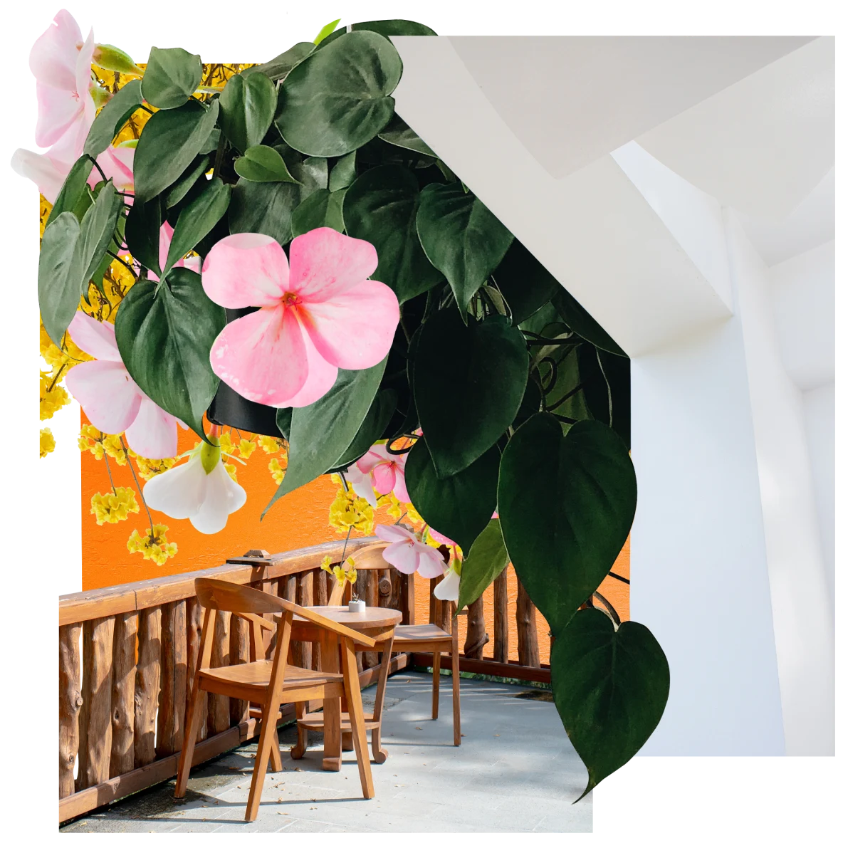 Collage of green, brown, yellow and white items. Green leaves flowing down from a ceiling at center, interwoven with pink and yellow flowers. Underneath a white staircase at right. Two wooden chairs and a round table on an outdoor deck in the foreground.