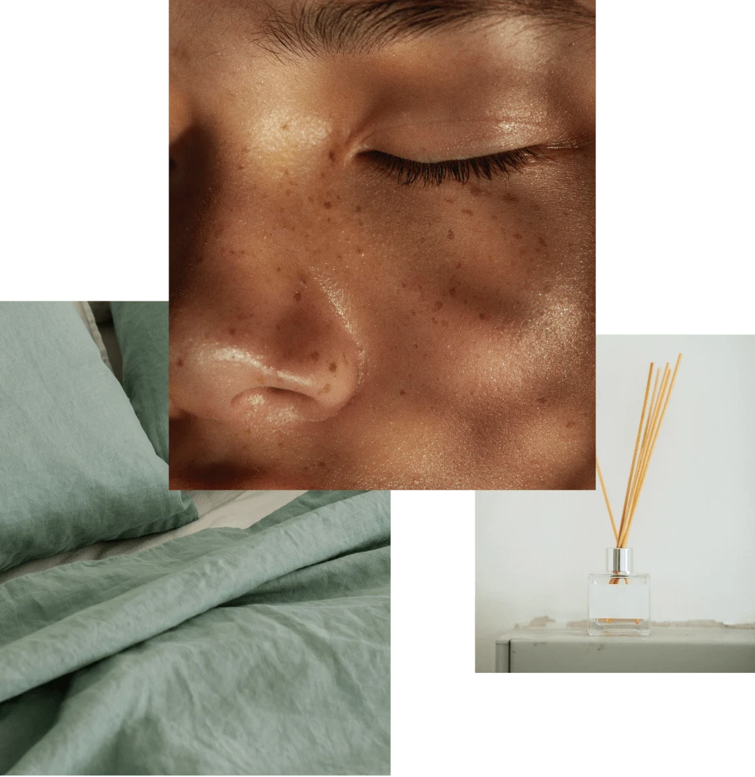 Collage de photos montrant : un lit avec des draps et des taies d’oreiller en lin vert amande, un gros plan du visage d’une femme faisant la sieste au soleil, un diffuseur d’huiles essentielles