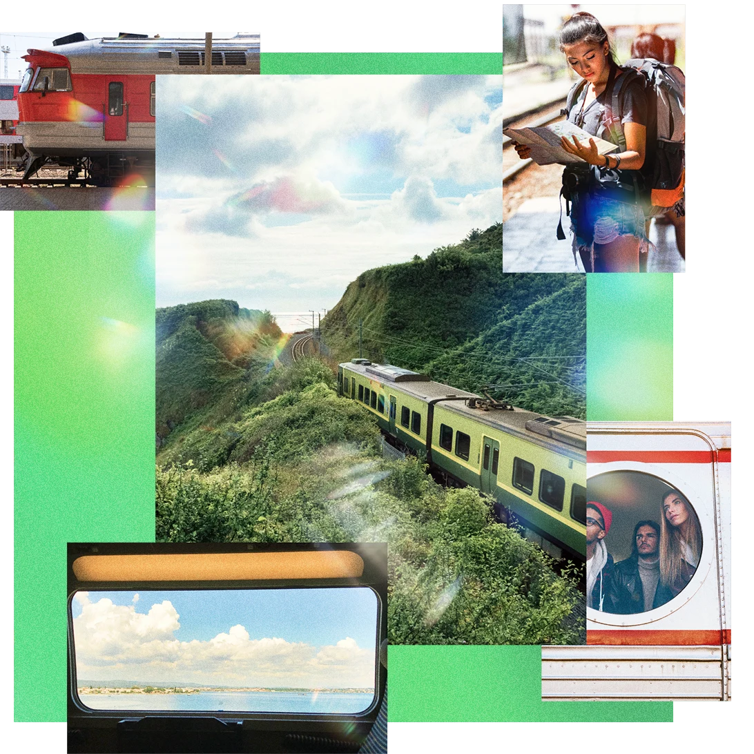 A set of images featuring a woman reading a map, a wide shot of a train going through a hilly area and three people peering out another train window. 