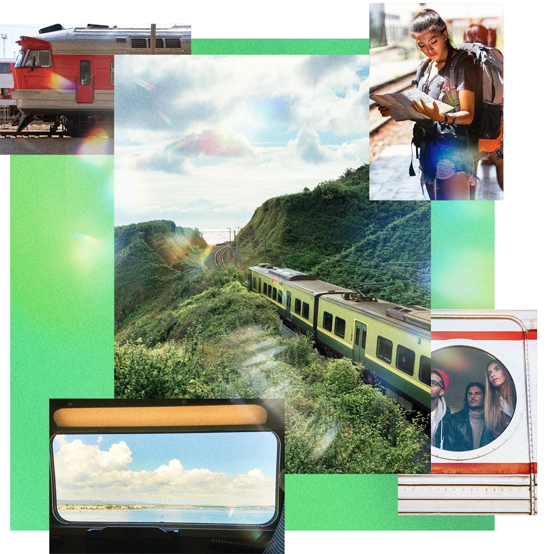 Conjunto de imagens com uma mulher lendo um mapa, uma foto grande de um trem passando por uma área montanhosa e três pessoas espiando pela janela de outro trem. 