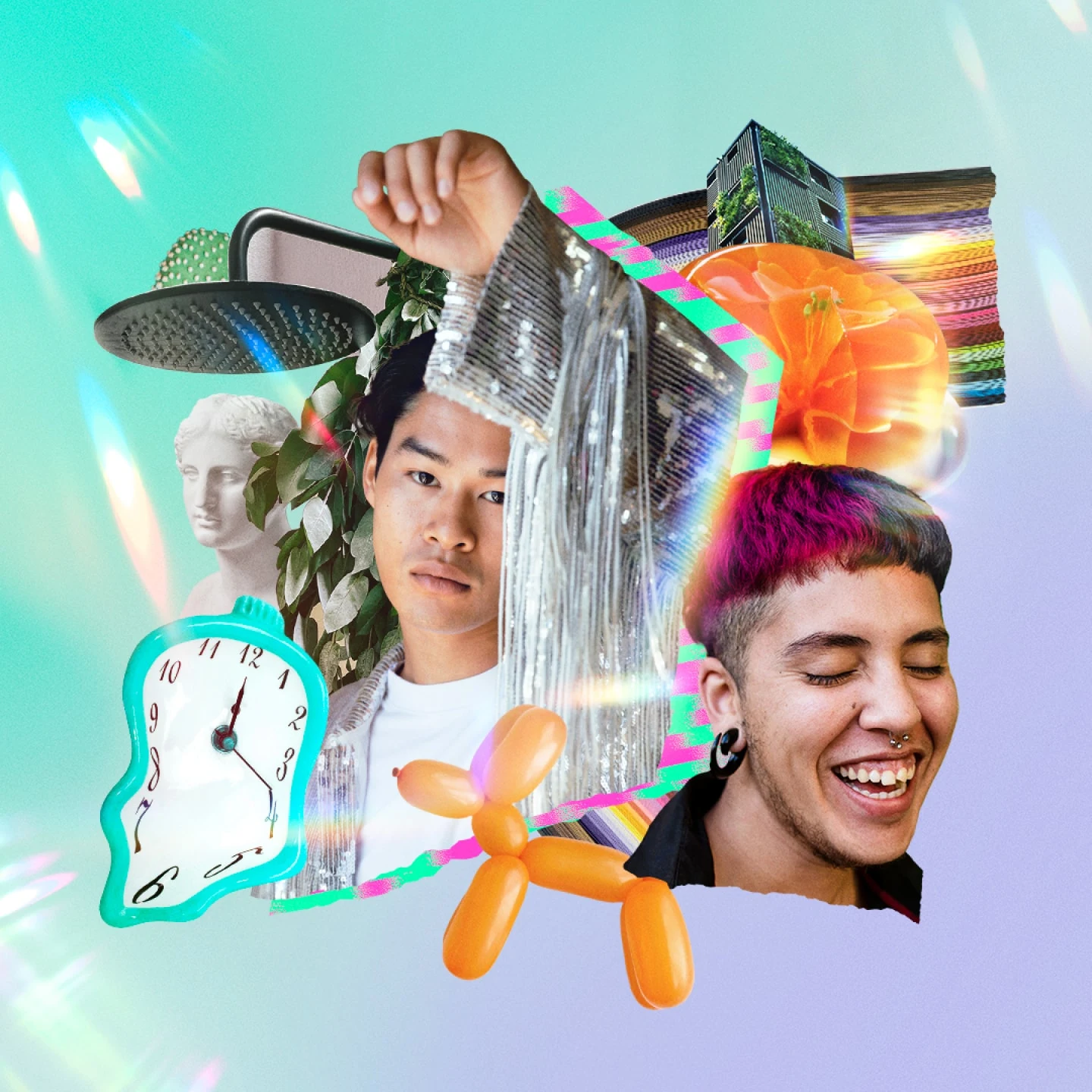 Collage featuring one person with dual-toned hair and another person wearing a shiny, fringe jacket surrounded by a random assortment of graphics that will be used throughout the trends report.