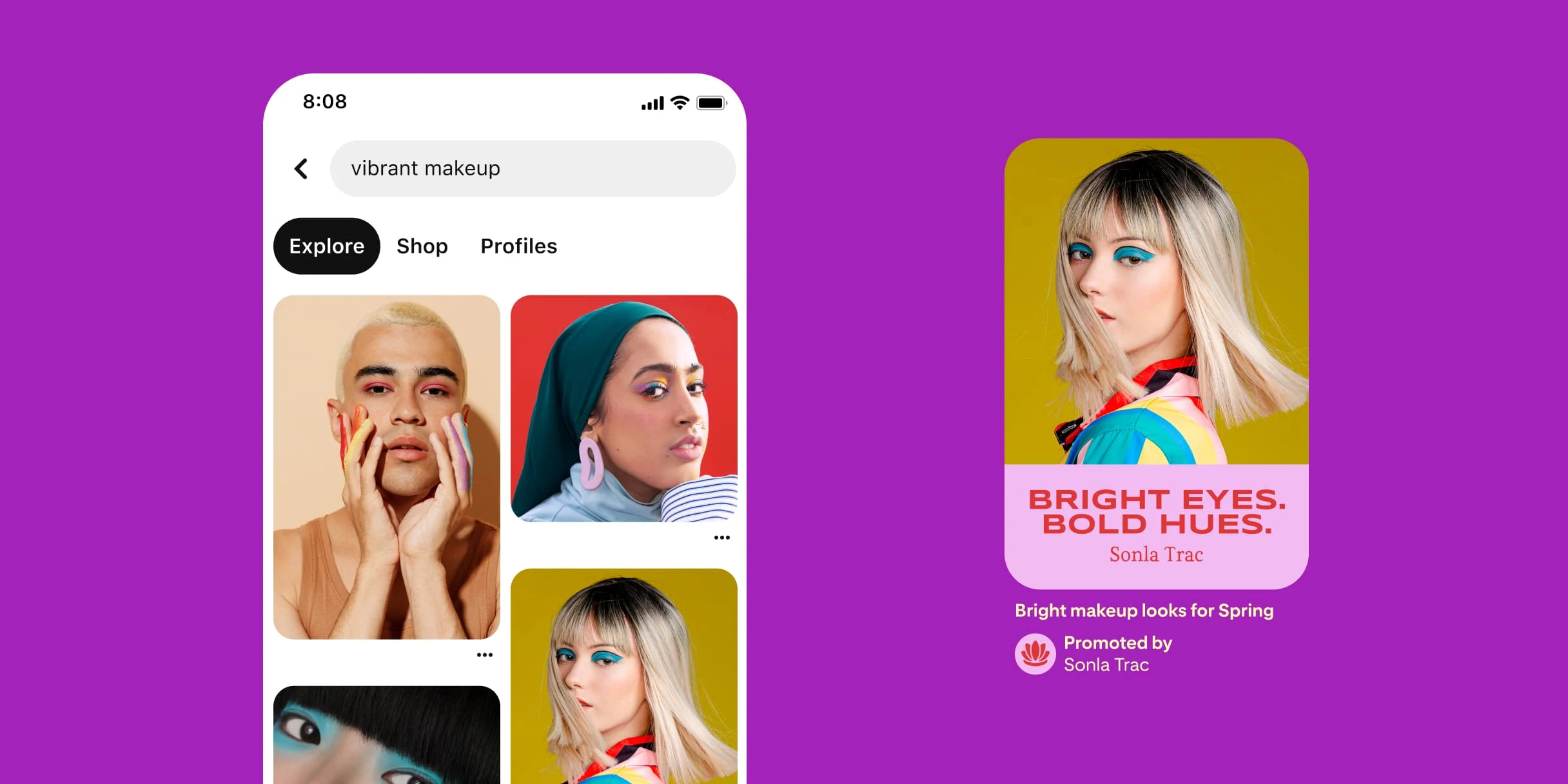 Pinterest search results for vibrant make-up. A white man with short blonde hair and pink eyelids. A brown-skinned woman with a blue head wrap and rainbow eyelids. An East Asian woman with misty blue eyelids. A Pin of a white woman with long blonde hair and bright blue eyelids on a yellow background. Text on pink background that reads, ‘Bright eyes. Bold hues’. The description is ‘Bright make-up looks for spring’.