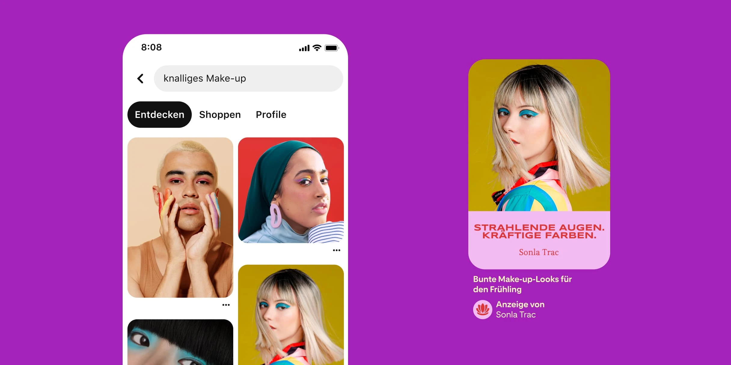 Pinterest-Suchergebnisse für „knalliges Make-up“. Ein weißer Mann mit kurzem blonden Haar und pinkem Lidschatten. Eine Woman of Color mit einem blauen Kopftuch und Augenlidern, die im Regenbogen-Look geschminkt sind. Eine ostasiatische Frau mit hellblauem Lidschatten. Ein Pin mit einer weißen Frau mit langen blonden Haaren und knallblauem Lidschatten vor einem gelben Hintergrund. Unter dem Bild auf einem rosa Hintergrund der Text „Strahlende Augen. Kräftige Farben.“ Die Beschreibung lautet „Bunte Make-up-Looks für den Frühling“.