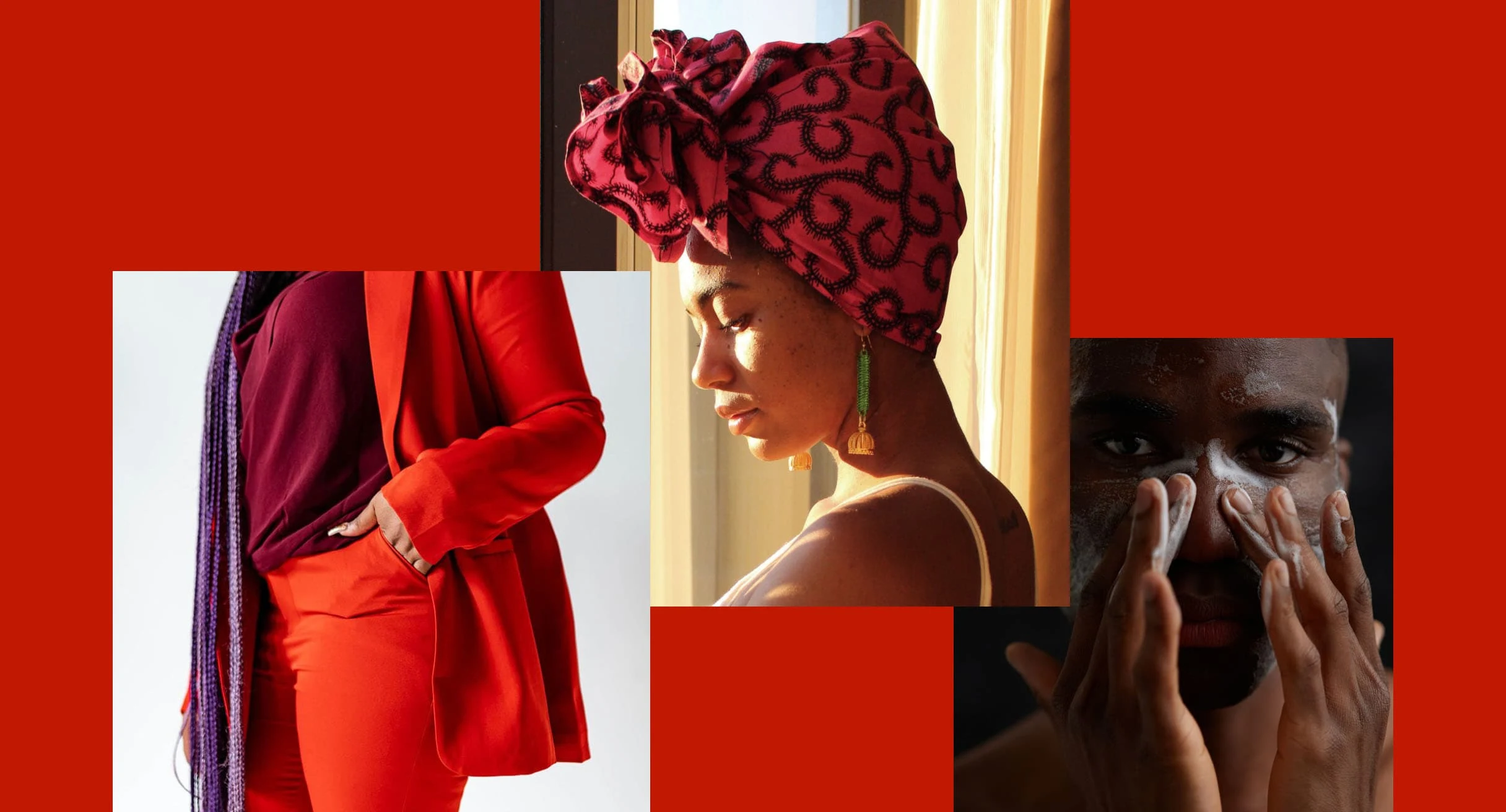 A trio of images featuring a red outfit from Style Shift House, a Black female model in a red Draped head wrap, and a Black male model applying face cream.