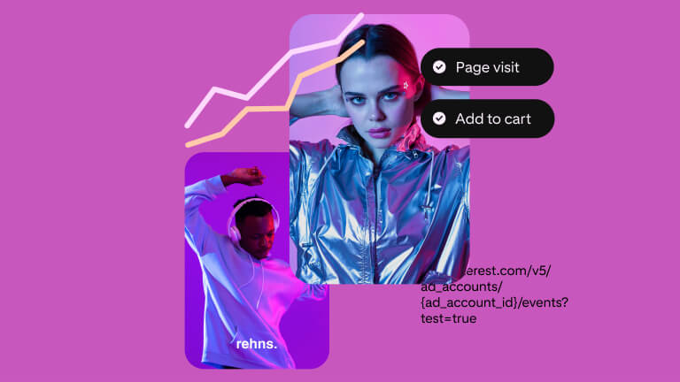 A Pin for headphones worn by a Black man in a grey hoodie who is dancing and a Pin for a metallic jacket worn by a white woman.