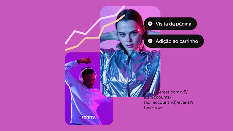 Um Pin para fones de ouvido usados por um homem negro que dança vestido com um casaco cinza e um Pin para uma jaqueta metálica usada por uma mulher branca.