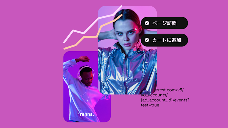 グレーのパーカーを着て踊っている黒人男性が着けているヘッドフォンを紹介するピンと、白人女性が着ているメタリックジャケットを紹介するピン。