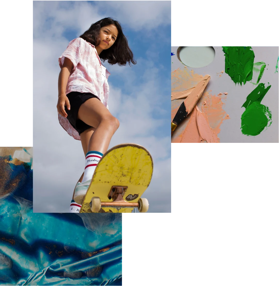 複数の画像：鮮やかなブルーのクレイ、黄色いスケートボードに乗った茶色い髪の 10 代の少女、グレーの表面にナイフで塗られたピーチとグリーンのペイント。