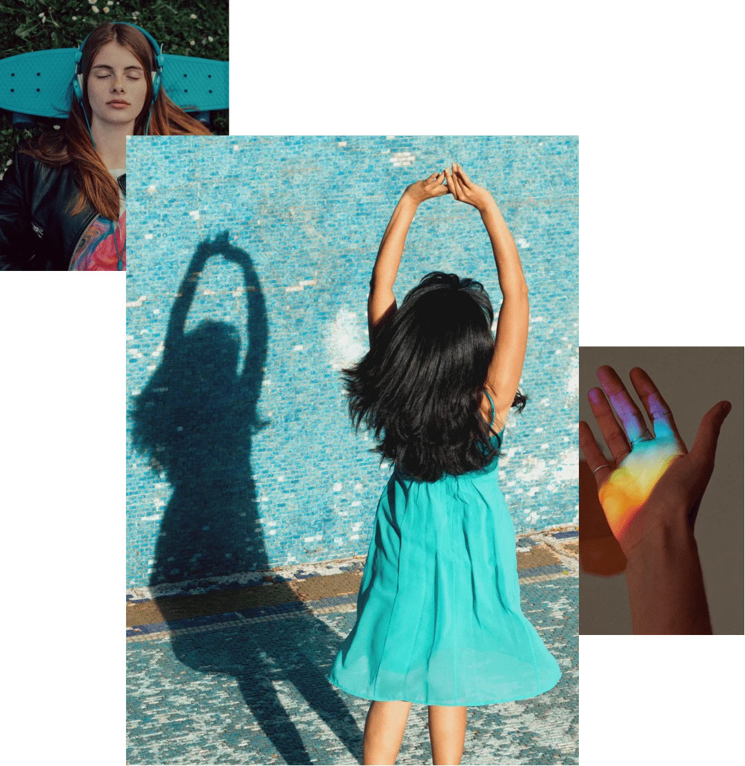 Image cluster featuring: woman with headphones lying on grass with her head on a blue skateboard, young girl in a blue dress facing away from the camera with her hands stretched upward and a solo hand drenched in colorful light.