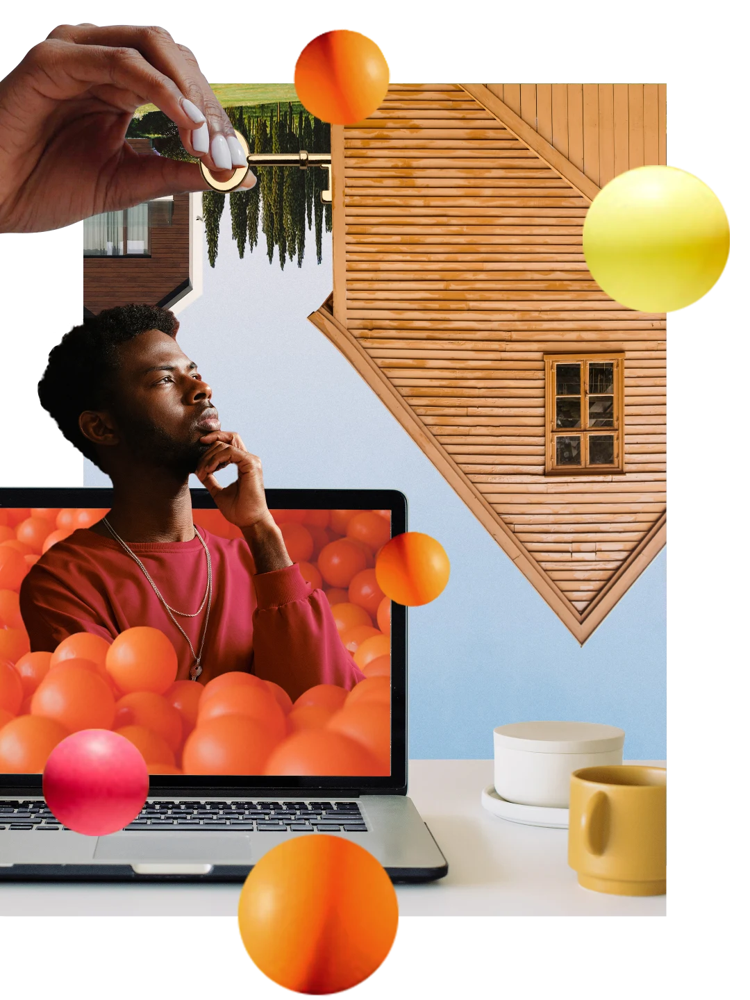 Collage of realty themes. Black hand turns the key to an upside-down wooden house. Upside-down, red A-frame house next to a forest in the background. Black man in a red shirt in a pensive pose, coming out of a laptop with orange balls. Coffee cups on a white table.
