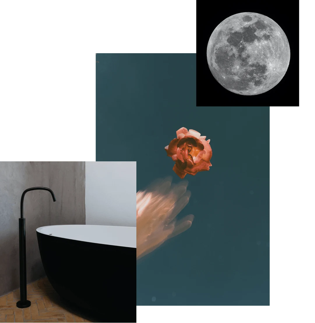 Image cluster featuring a free-standing black and white bathtub and faucet, an abstract painting of an orange flower on a gray background and a full moon