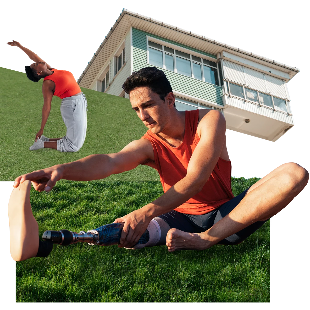 Collage of exercise-related items. Man with a prosthetic right leg stretches on a grassy field at center. Woman on the left in a twisted high lunge yoga pose. Flat-roofed house with many windows at the top.