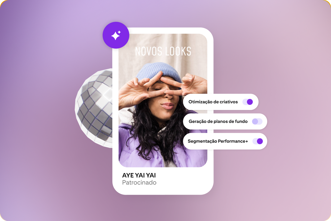 Exemplo de anúncio no Pinterest mostra uma mulher de gorro e casaco. Ele está junto a um ícone roxo de estrela e às opções "Otimização de criativos", "Geração de planos de fundo" e "Segmentação Performance+".  A opção dos planos de fundo está desativada.