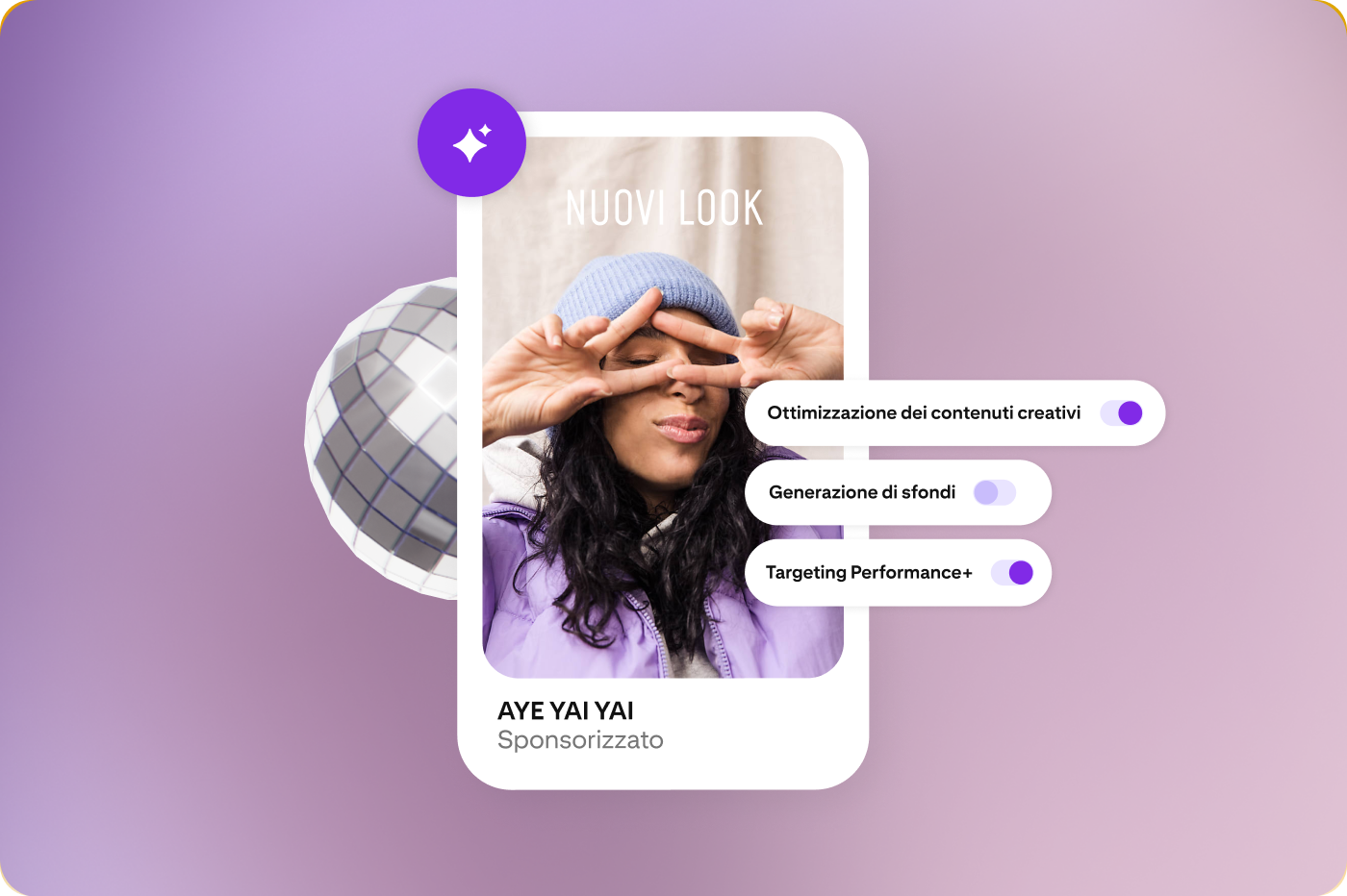 An example of a Pinterest ad shows a woman in a beanie and sweater. It’s accompanied by a purple star graphic and toggles that read, “Creative optimization,” “Generate backgrounds,” and “Performance+ targeting”.  “Generate backgrounds” is toggled off.