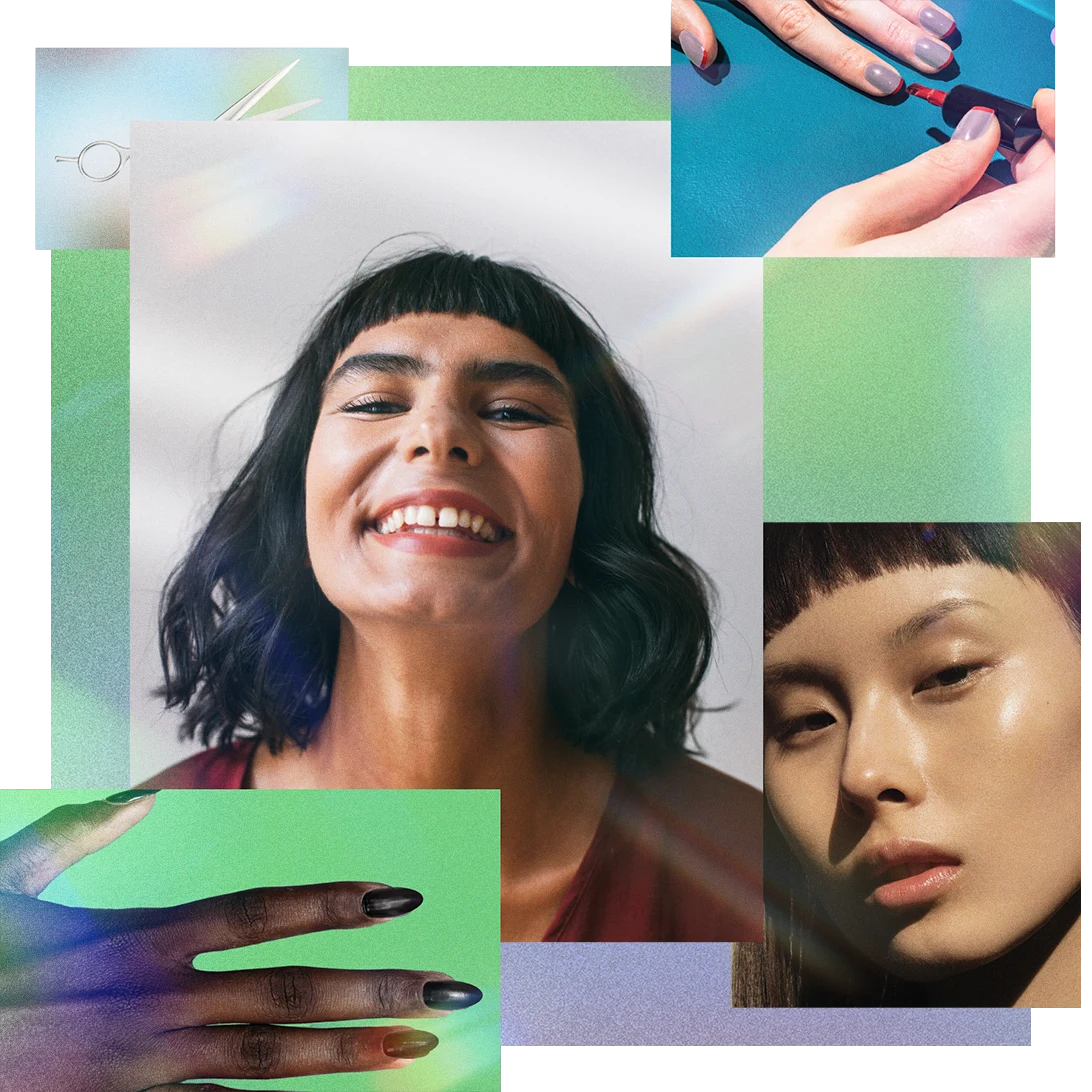 Eye-catching mishmash of images featuring two women of different races rocking mini bangs, two interpretations of micro manicures and aesthetically-placed hair shears.