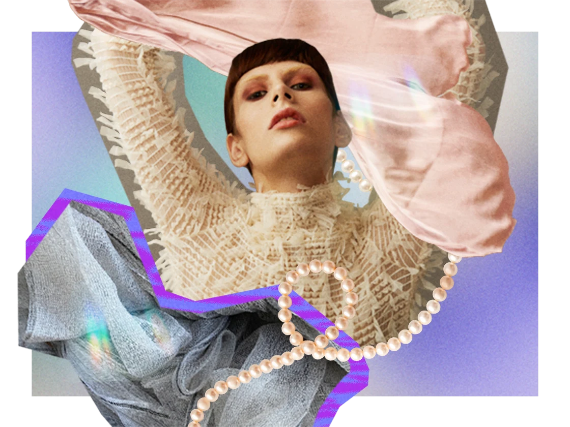 White woman in a frilly high-neck top with deconstructed versions of ethereal fabrics and jewelry pieces around her.