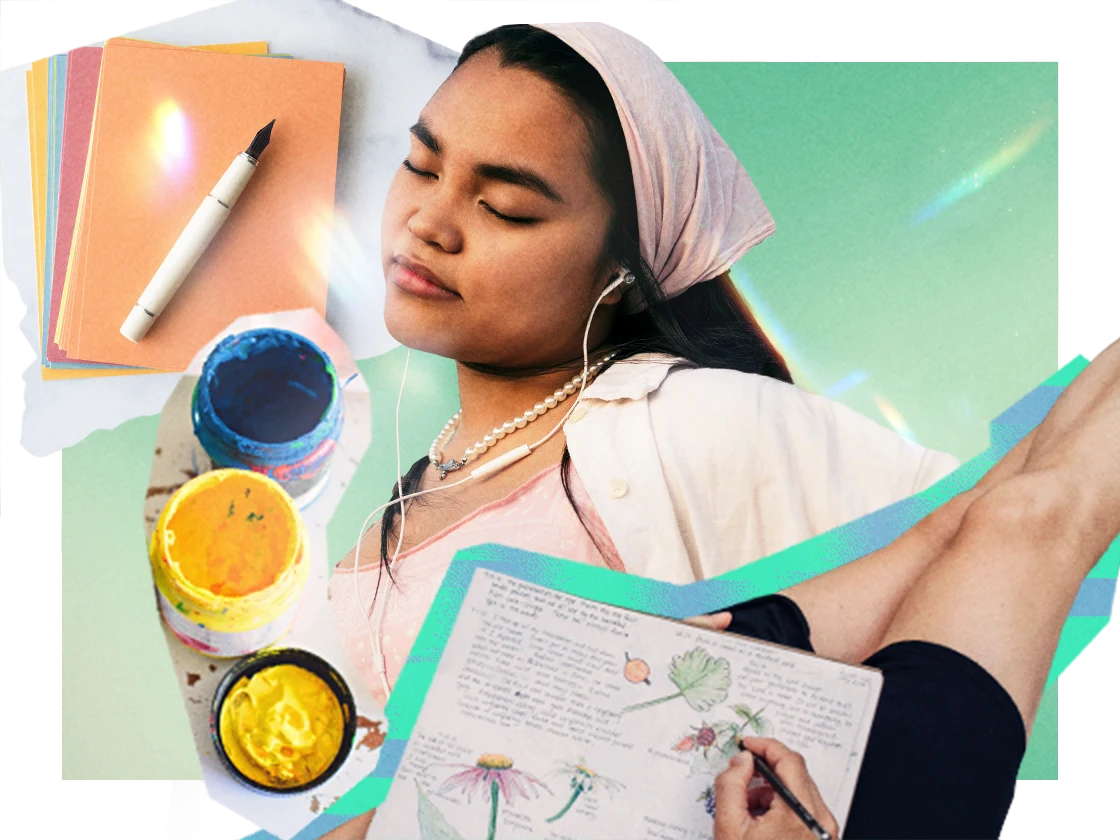 Collage featuring an Asian woman listening to music, surrounded by watercolor paints, a woman journaling and a stack of journaling supplies. 