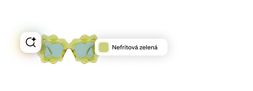 Sluneční brýle se zvlněnou jadeitově zelenou obrubou s ikonou vyhledávání poháněného AI a barevným vzorkem s názvem „Jade Green“.