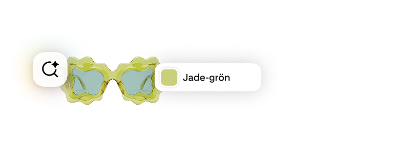 Vågiga jadegröna solglasögon med AI-genererad-sökikon och ett färgprov märkt ”Jadegrön.”