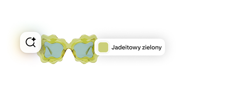 Okulary przeciwsłoneczne z falowaną oprawką w kolorze jadeitu, ikoną wyszukiwania AI i próbką koloru oznaczoną jako „jadeitowy”.