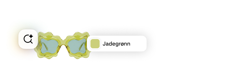 Solbriller med bølgete jadegrønn innfatning med et KI-drevet søkeikon og en fargeprøve merket «Jadegrønn».