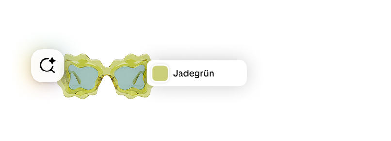 Sonnenbrille mit welligem, jadegrünem Rahmen, dazu ein Suchsymbol „KI-gestützt“ und ein Farbfeld mit der Aufschrift „Jadegrün“.