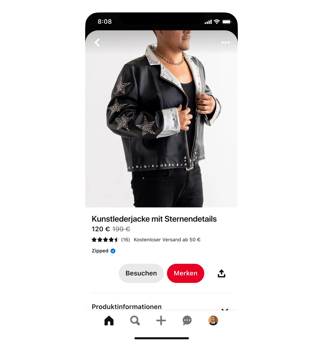 Mobilansicht einer Shopping-Anzeige für eine Kunstlederjacke mit Sternendetails. Die Jacke ist von 199 € auf 120 € reduziert. In der Anzeige ist ein Mann zu sehen, der die Jacke trägt.