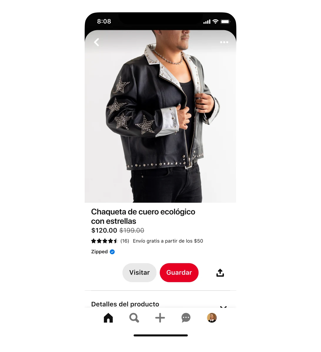 Vista de un teléfono móvil de un anuncio Shopping de una chaqueta de cuero ecológico con estrellas. La chaqueta está en oferta a $120; el precio original era de $199. El anuncio muestra a un hombre con ella puesta.