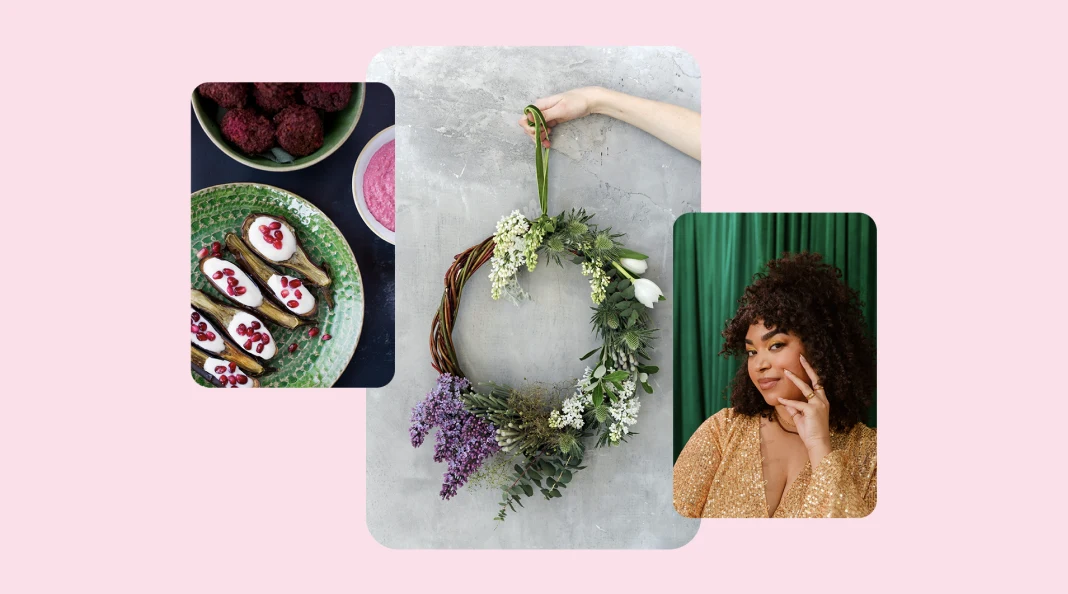 Three images in a collage. The first is of a green dish with eggplants, yoghurt and pomegranate. The second is of a floral wreath being held up by a hand. The image is of a woman in a gold dress touching her face, and standing in front of a green curtain.