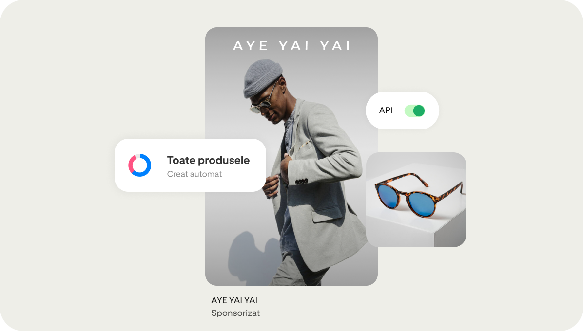 Un anunț de produs bazat pe instrumente precum o interfață API prezintă un bărbat purtând ochelari de soare de la un brand numit Aye Yai Yai.