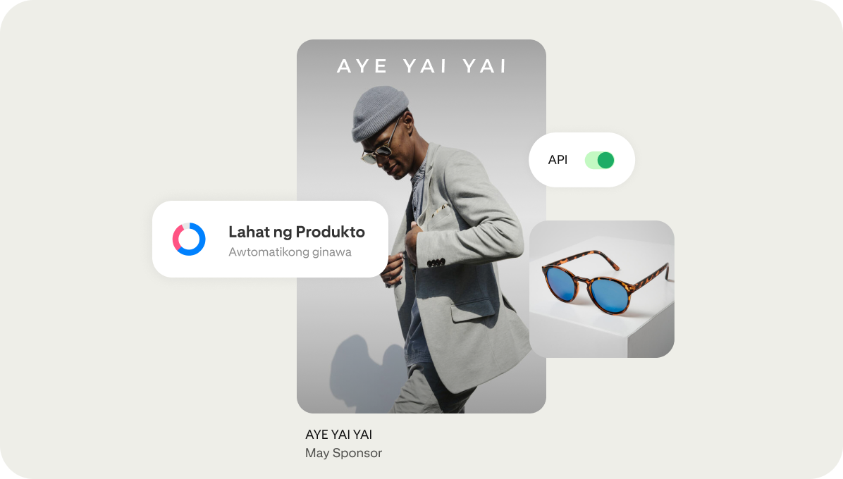 Ang isang listing ng produkto na pinapagana ng mga tool tulad ng API ay nagpapakita ng isang lalaking nakasuot ng salamin sa mata mula sa brand na tinatawag na Aye Yai Yai.