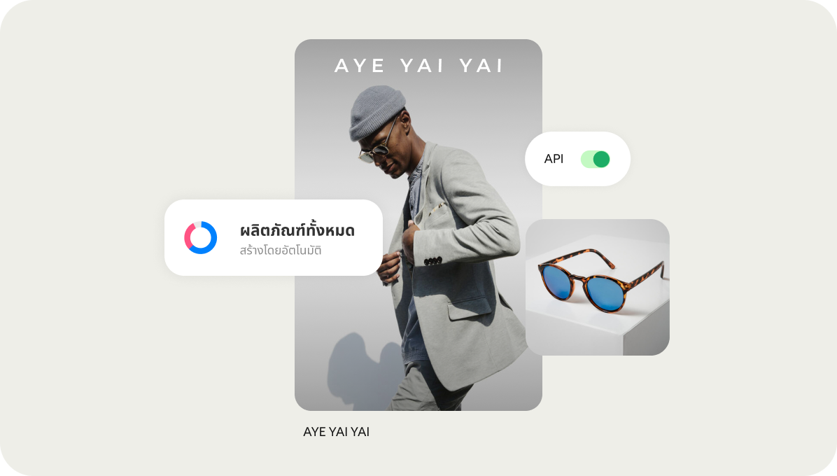 รายการสินค้าที่ขับเคลื่อนด้วยเครื่องมือต่างๆ เช่น API แสดงให้เห็นชายคนหนึ่งสวมแว่นกันแดดจากแบรนด์ที่มีชื่อว่า Aye Yai Yai