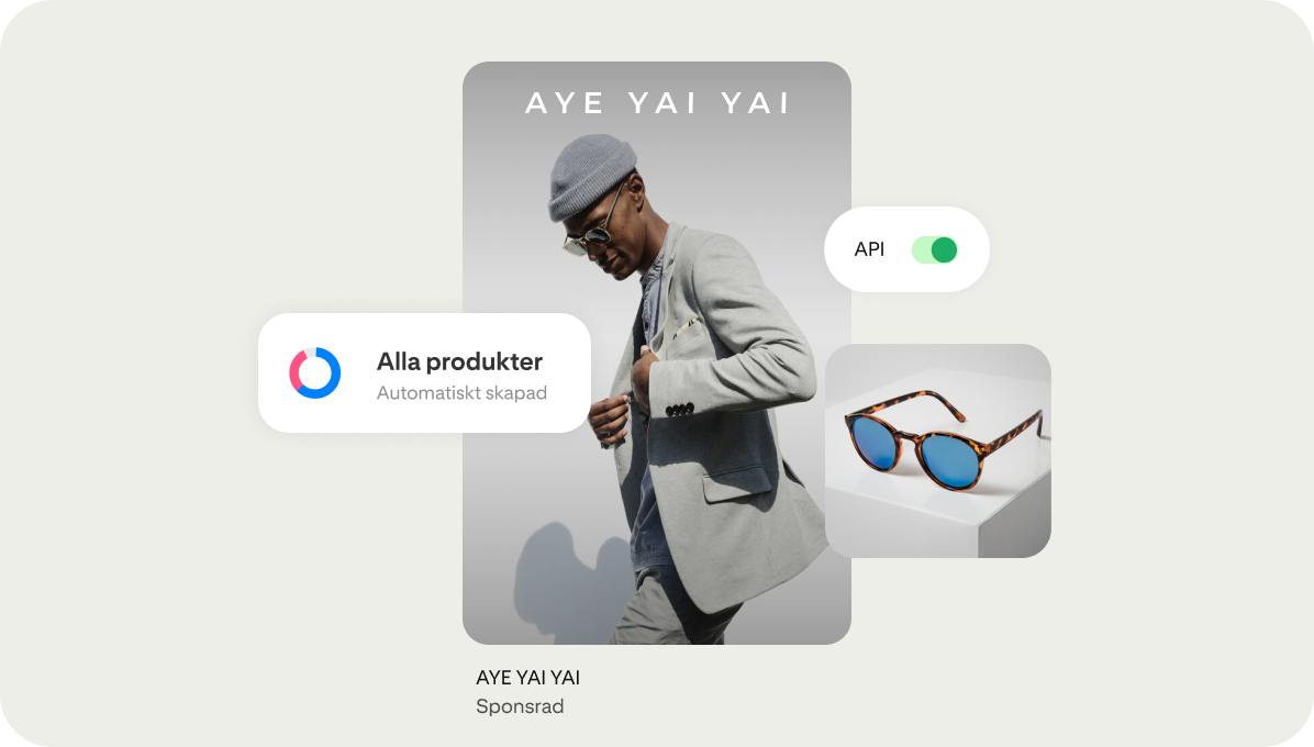 En produktlista som drivs av verktyg som ett API visar en man som bär solglasögon från ett varumärke som heter Aye Yai Yai.