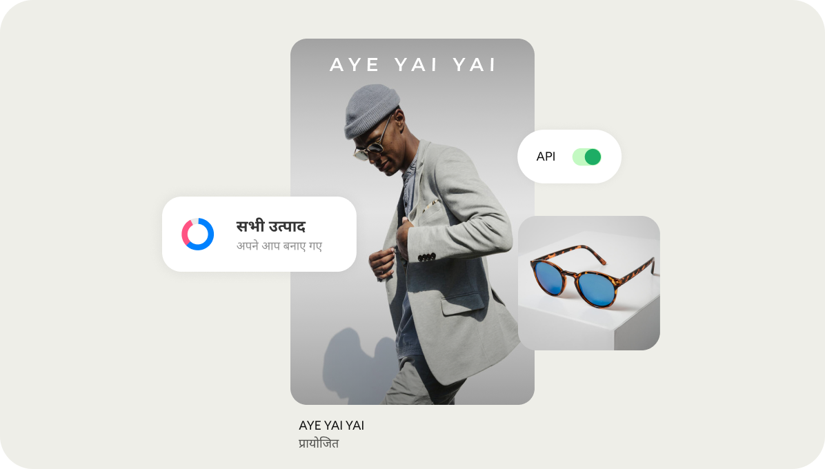 API जैसे टूल द्वारा संचालित एक उत्पाद लिस्टिंग में एक आदमी को Aye Yai Yai नामक ब्रांड का धूप का चश्मा पहने हुए दिखाया गया है।