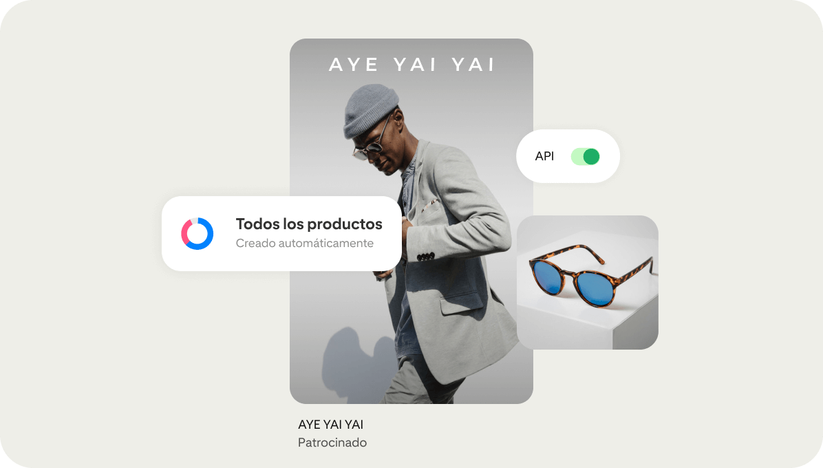 Un listado de producto impulsado por herramientas (como una API) muestra a un hombre con anteojos de sol de una marca llamada AYE YAI YAI.