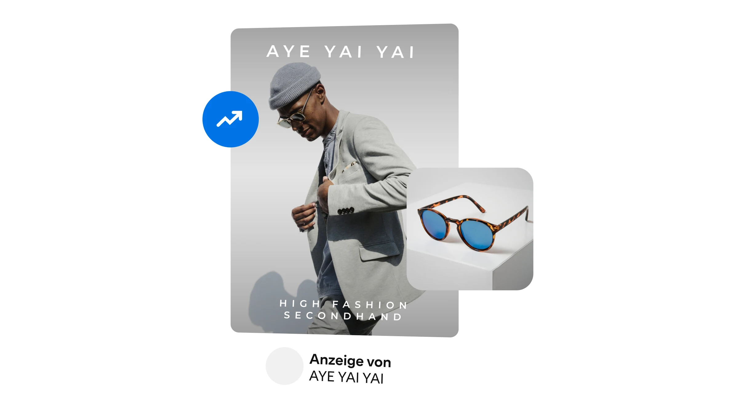 Eine Herrenmode-Anzeige von AYE YAI YAI zeigt einen modischen Mann und markiert als Highlight eine Sonnenbrille.