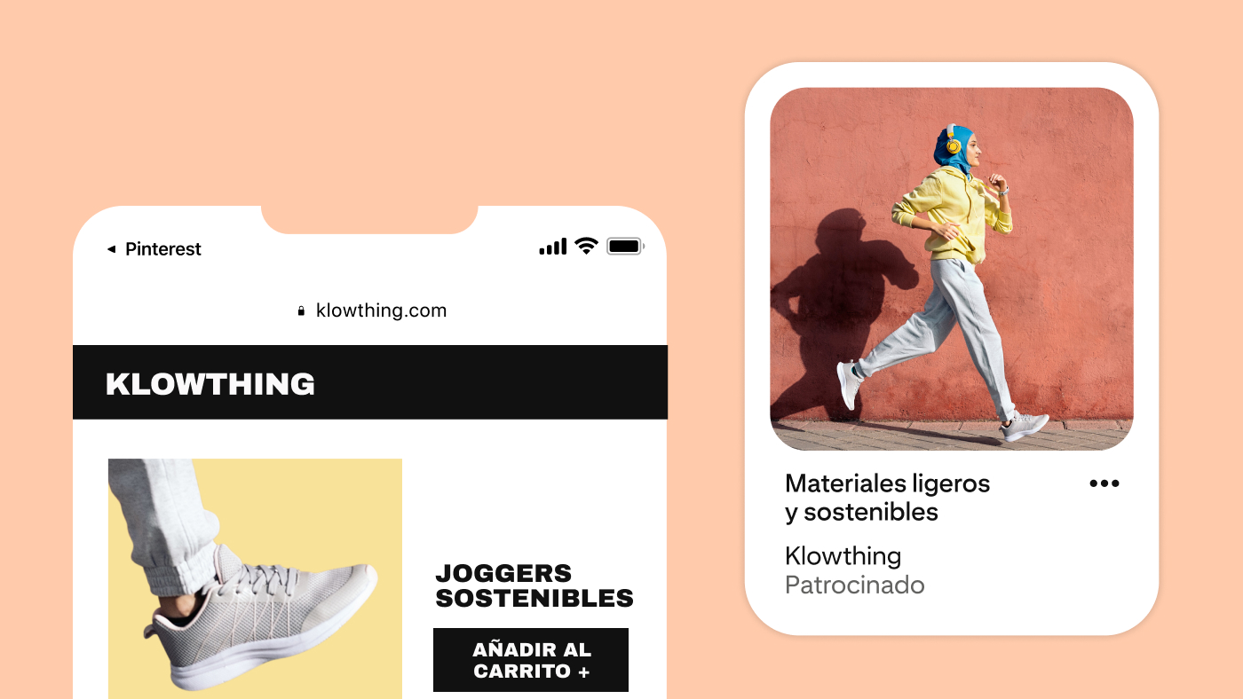 Dos pantallas de dispositivos móviles en las que se muestra la conexión entre quienes ven pantalones deportivos sostenibles en el sitio web de una marca y esa marca segmentando a los corredores en Pinterest. 