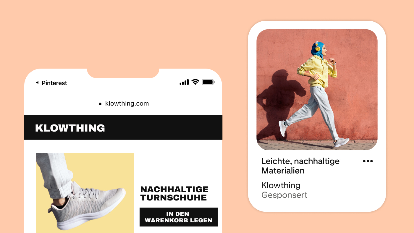 Auf zwei Bildschirmen von Mobilgeräten wird die Verbindung zwischen dem Aufruf von nachhaltigen Turnschuhen auf der Website einer Marke und dem entsprechenden Targeting auf Pinterest dargestellt. 